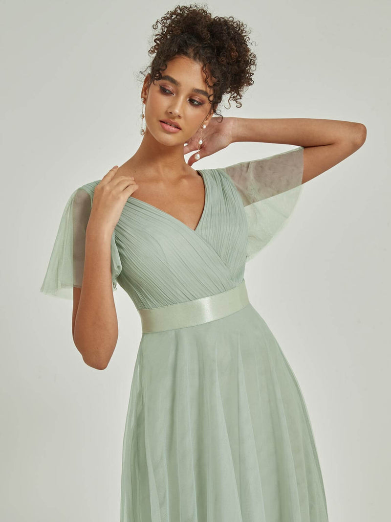 NZ Bridal Sage Green V Neck Empire Flowy Tulle Maxi bridesmaid dresses 07962ep Lucy detail1