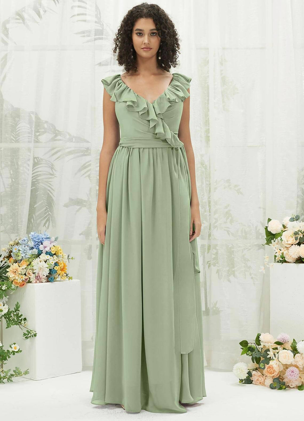 NZ Bridal Sage Green Wrap Chiffon Maxi Bridesmaid Dress R3702 Valerie a