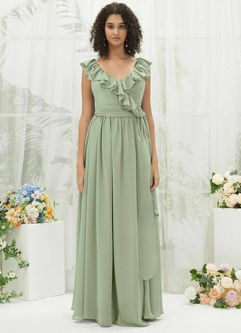 Sage Green Chiffon Ruffle Cross Straps V-Neck Wrap Bridesmaid Dress Sage Green / XS / N0-2 Sage Green Chiffon Ruffle Cross Straps V-Neck Wrap Bridesmaid Dress Sage Green / XS / N0-2