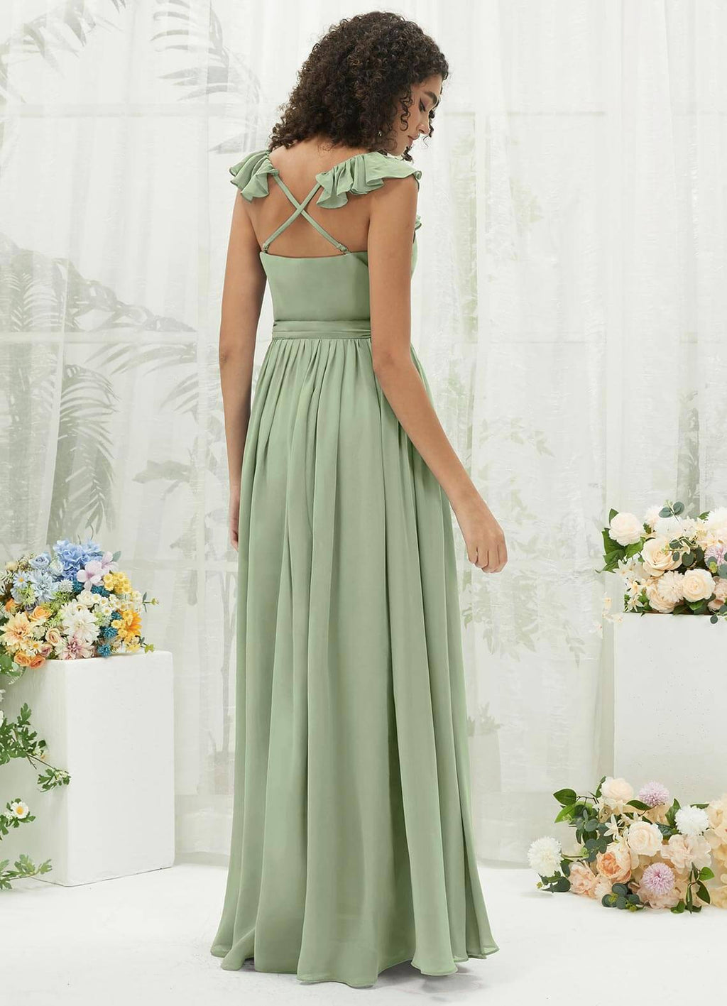 Sage Green Chiffon Ruffle Cross Straps V-Neck Wrap Bridesmaid Dress Sage Green / S / N4-6
