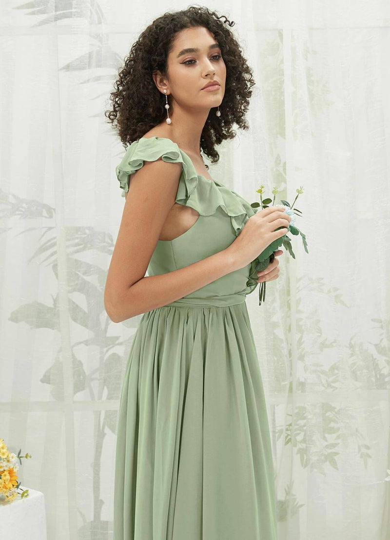 Sage Green Chiffon Ruffle Cross Straps V-Neck Wrap Bridesmaid Dress NZ Bridal Sage Green Chiffon Ruffle Cross Straps V-Neck Wrap Bridesmaid Dress NZ Bridal