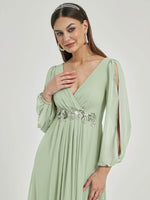 NZ Bridal Sage Long Sleeves Chiffon bridesmaid dresses 00461ep Liv detail1