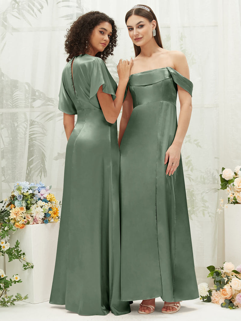 Eucalyptus V-Neck Short Sleeve Satin Maxi Bridesmaid Dress With Slit NZ Bridal Eucalyptus V-Neck Short Sleeve Satin Maxi Bridesmaid Dress With Slit NZ Bridal