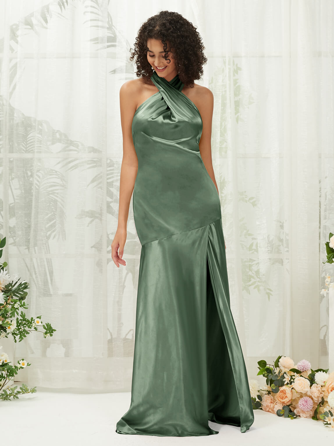 Eucalyptus Satin Halter Neck Sleeveless Maxi Bridesmaid Dress With Slit Eucalyptus / M / N8-10 Eucalyptus Satin Halter Neck Sleeveless Maxi Bridesmaid Dress With Slit Eucalyptus / M / N8-10