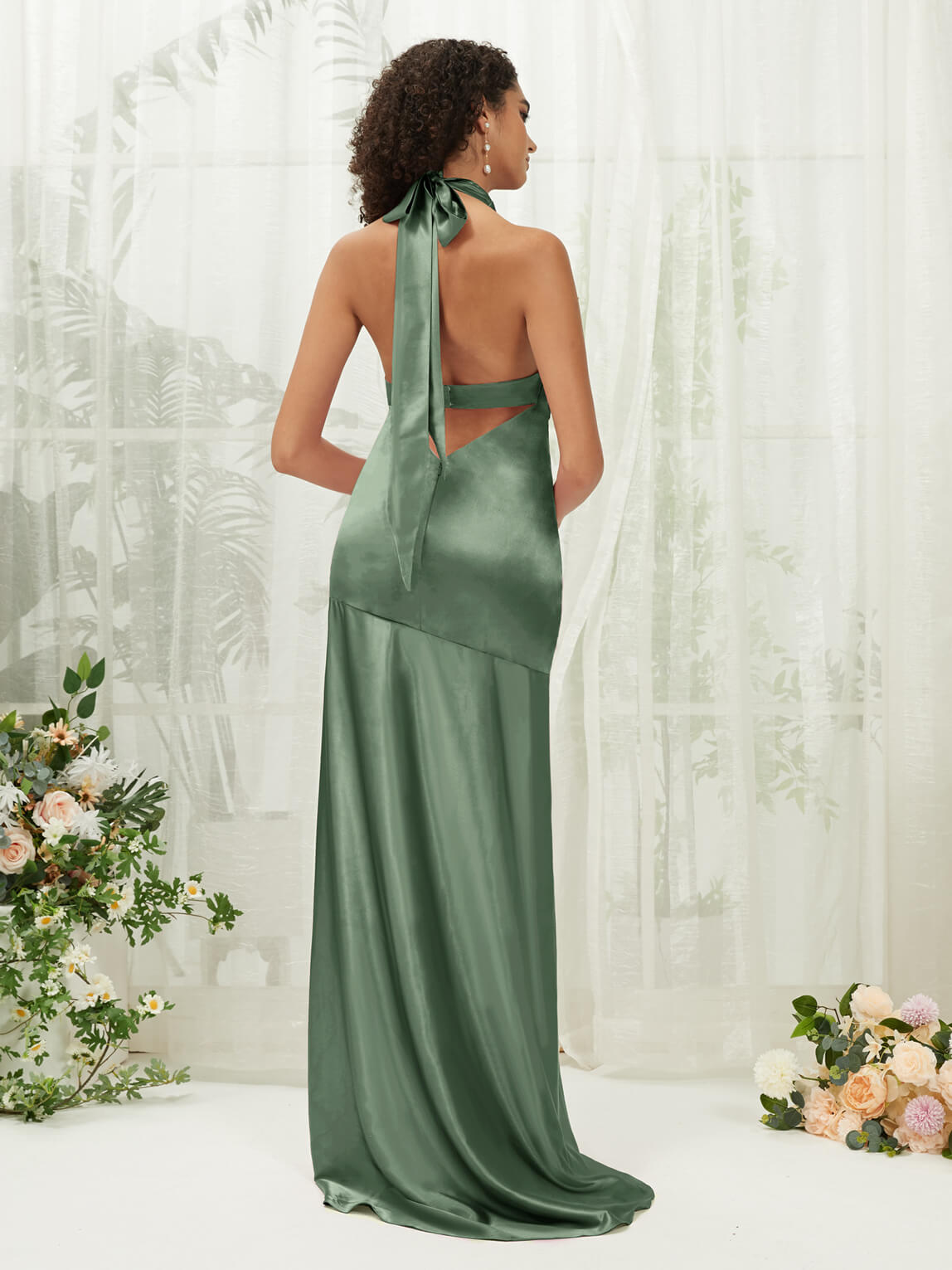 Eucalyptus Satin Halter Neck Sleeveless Maxi Bridesmaid Dress With Sli