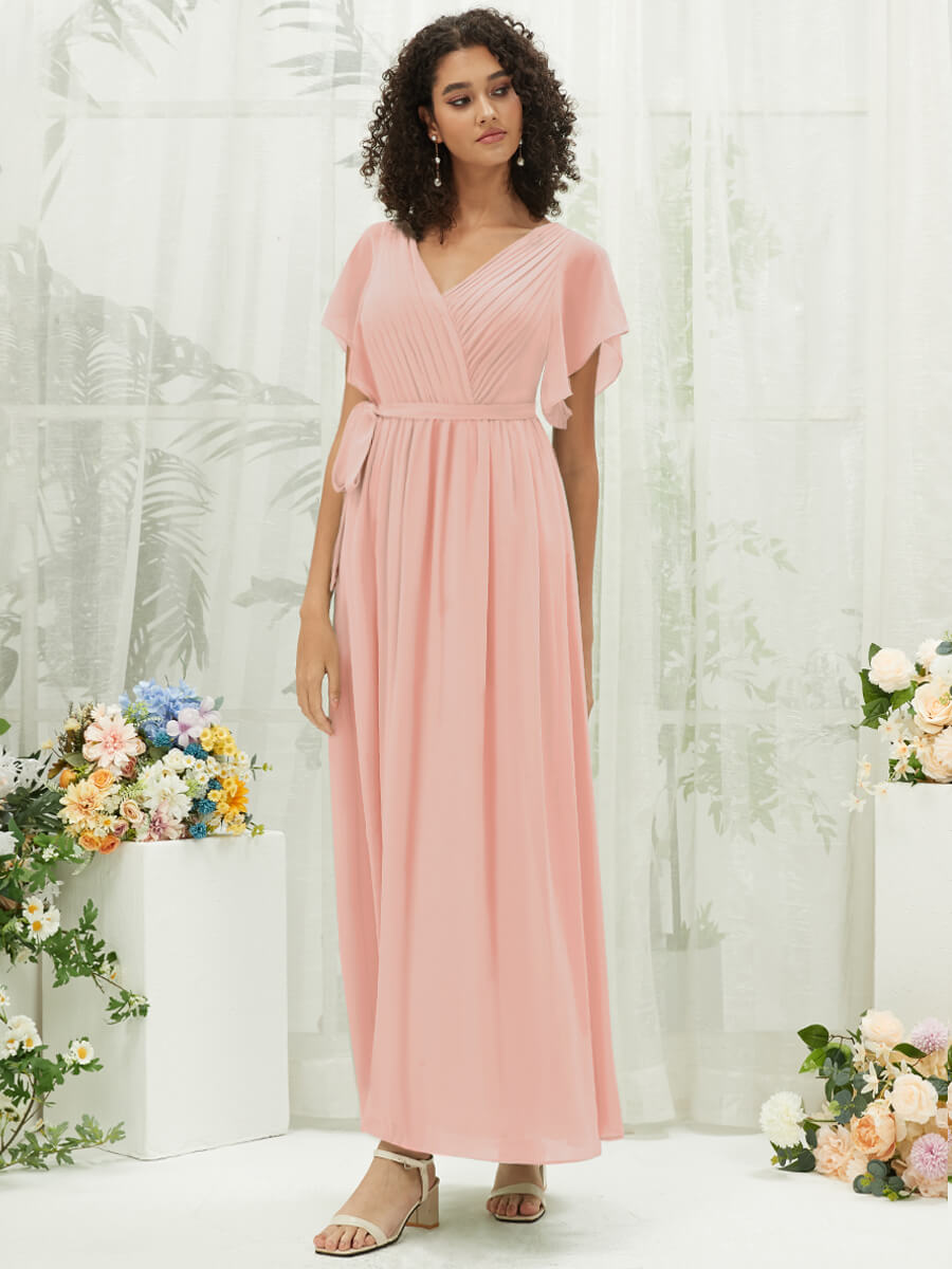 NZ Bridal Short Sleeves V Neck Chiffon Blush bridesmaid dresses 0164aEE Mila a