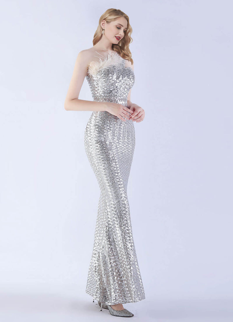 NZ Bridal Silver Feather Mermaid Maxi Sequin Prom Dress 31359 Ruby c