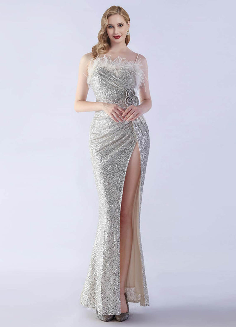 NZ Bridal Silver Feather Slit Mermaid Maxi Sequin Prom Dress 31365 Sadie a