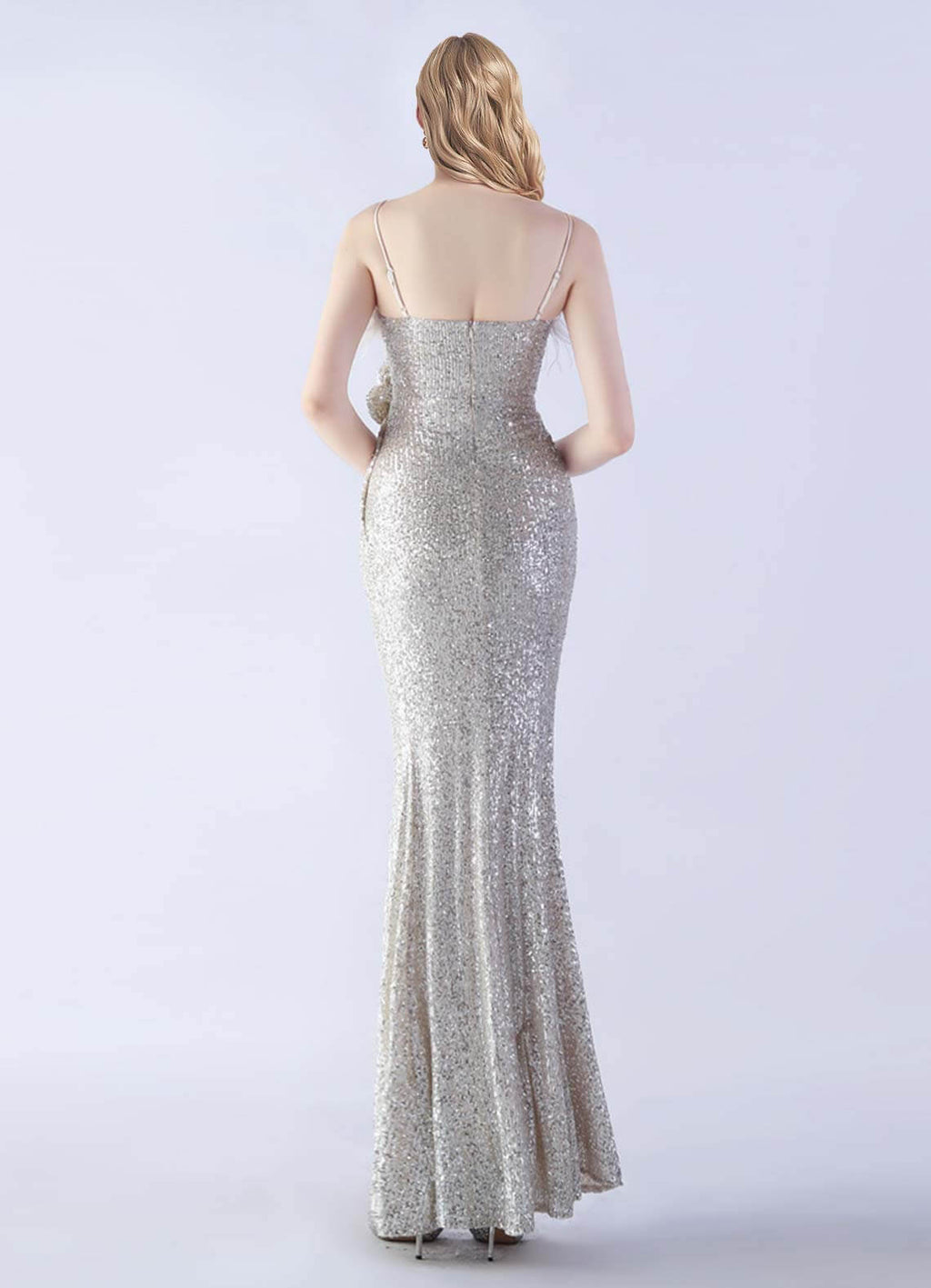 NZ Bridal Silver Feather Slit Mermaid Maxi Sequin Prom Dress 31365 Sadie a