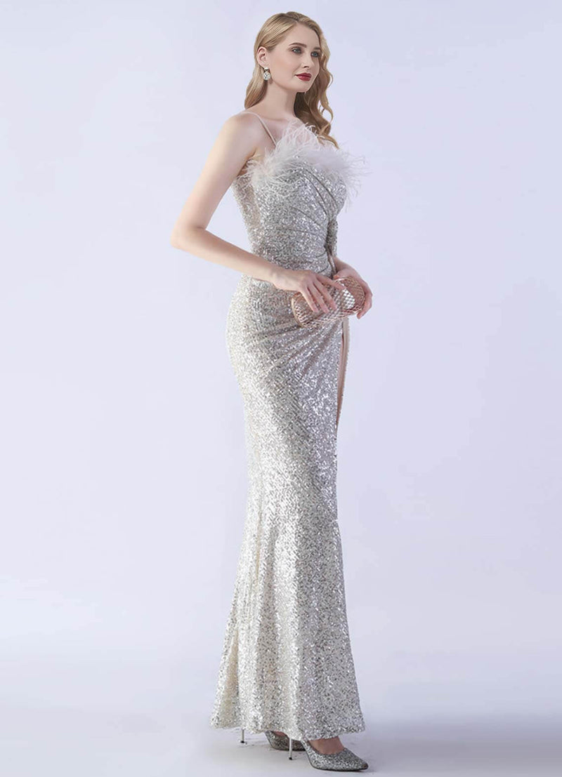 NZ Bridal Silver Feather Slit Mermaid Maxi Sequin Prom Dress 31365 Sadie c