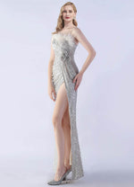 NZ Bridal Silver Feather Slit Mermaid Maxi Sequin Prom Dress 31365 Sadie d