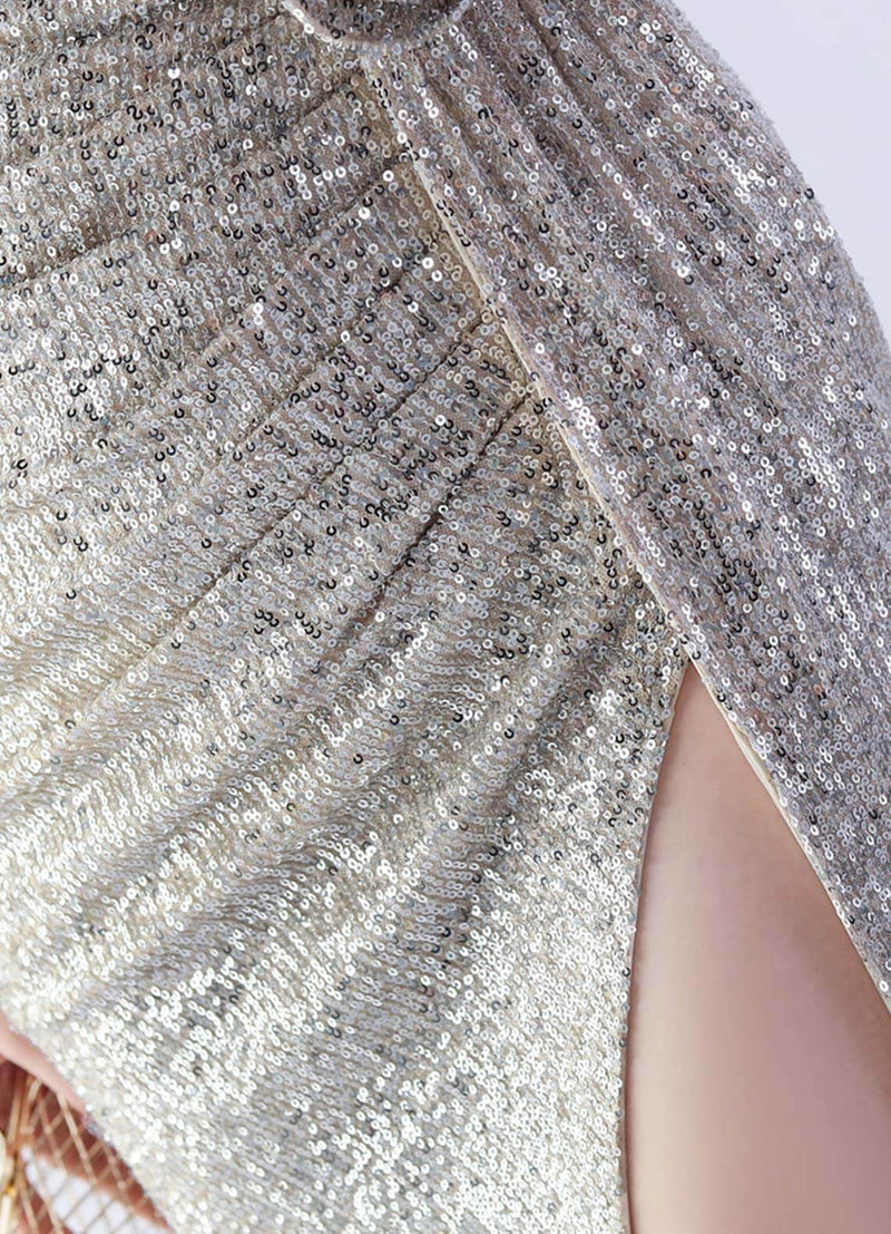 NZ Bridal Silver Feather Slit Mermaid Maxi Sequin Prom Dress 31365 Sadie detail1