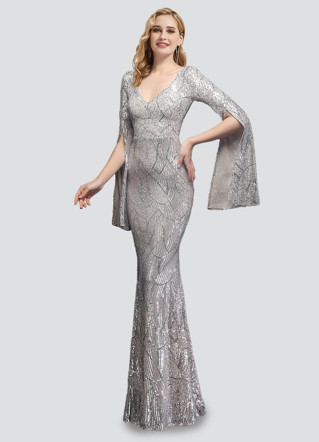 NZ Bridal Silver Long Slit Sleeves Sequin Mermaid Maxi Prom Dress 18576 Alora a