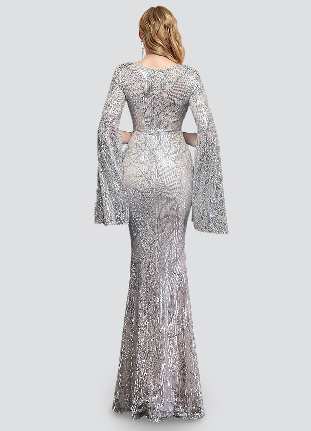 NZ Bridal Silver Long Slit Sleeves Sequin Mermaid Maxi Prom Dress 18576 Alora a