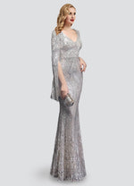 NZ Bridal Silver Long Slit Sleeves Sequin Mermaid Maxi Prom Dress 18576 Alora d