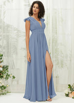 NZ Bridal Slate Blue Cap Sleeves Chiffon Bridesmaid Dress R0410 Collins c