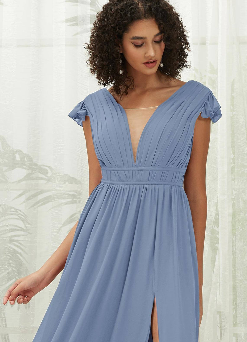 NZ Bridal Slate Blue Cap Sleeves Chiffon Bridesmaid Dress R0410 Collins d