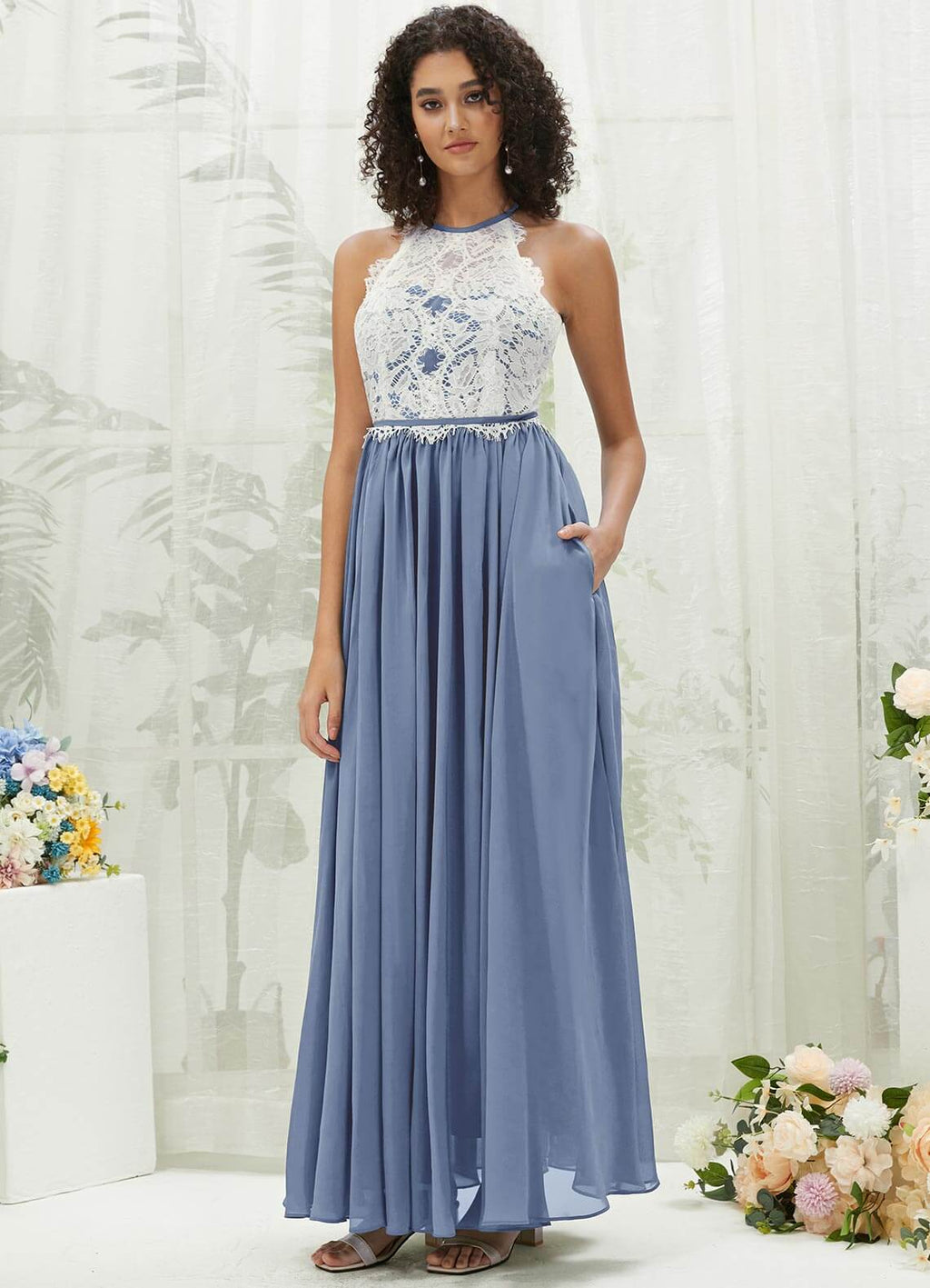 NZ Bridal Slate Blue Chiffon Flowy Bridesmaid Dress with Pocket TC0426 Heidi a