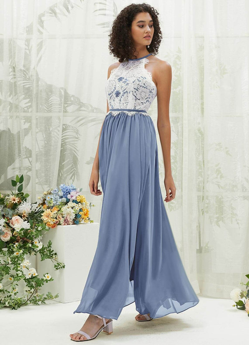 Slate Blue Lace Halter Neck Backless Chiffon Slit Bridesmaid Dress NZ Bridal Slate Blue Lace Halter Neck Backless Chiffon Slit Bridesmaid Dress NZ Bridal