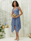 NZ Bridal Slate Blue Chiffon Lace High Low bridesmaid dresses 00207ep Evie a