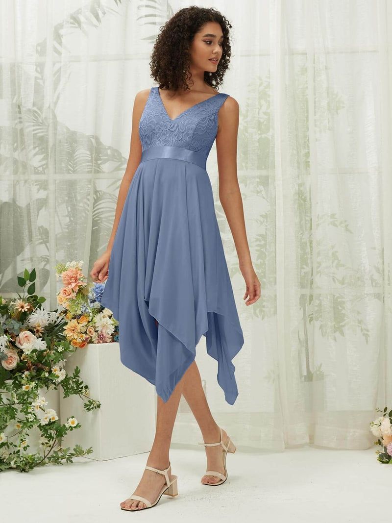 NZ Bridal Slate Blue Chiffon Lace High Low bridesmaid dresses 00207ep Evie c