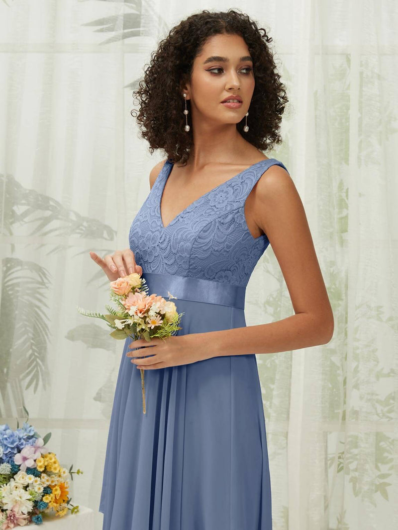 slate blue lace bridesmaid dresses Wholesale Slate Blue Sheer Lace Tulle V-neck Wedding Dress