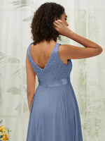 NZ Bridal Slate Blue Chiffon Lace High Low bridesmaid dresses 00207ep Evie detail1