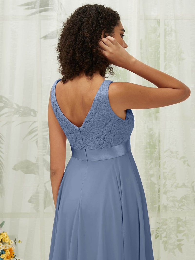 NZ Bridal Slate Blue Chiffon Lace High Low bridesmaid dresses 00207ep Evie detail1