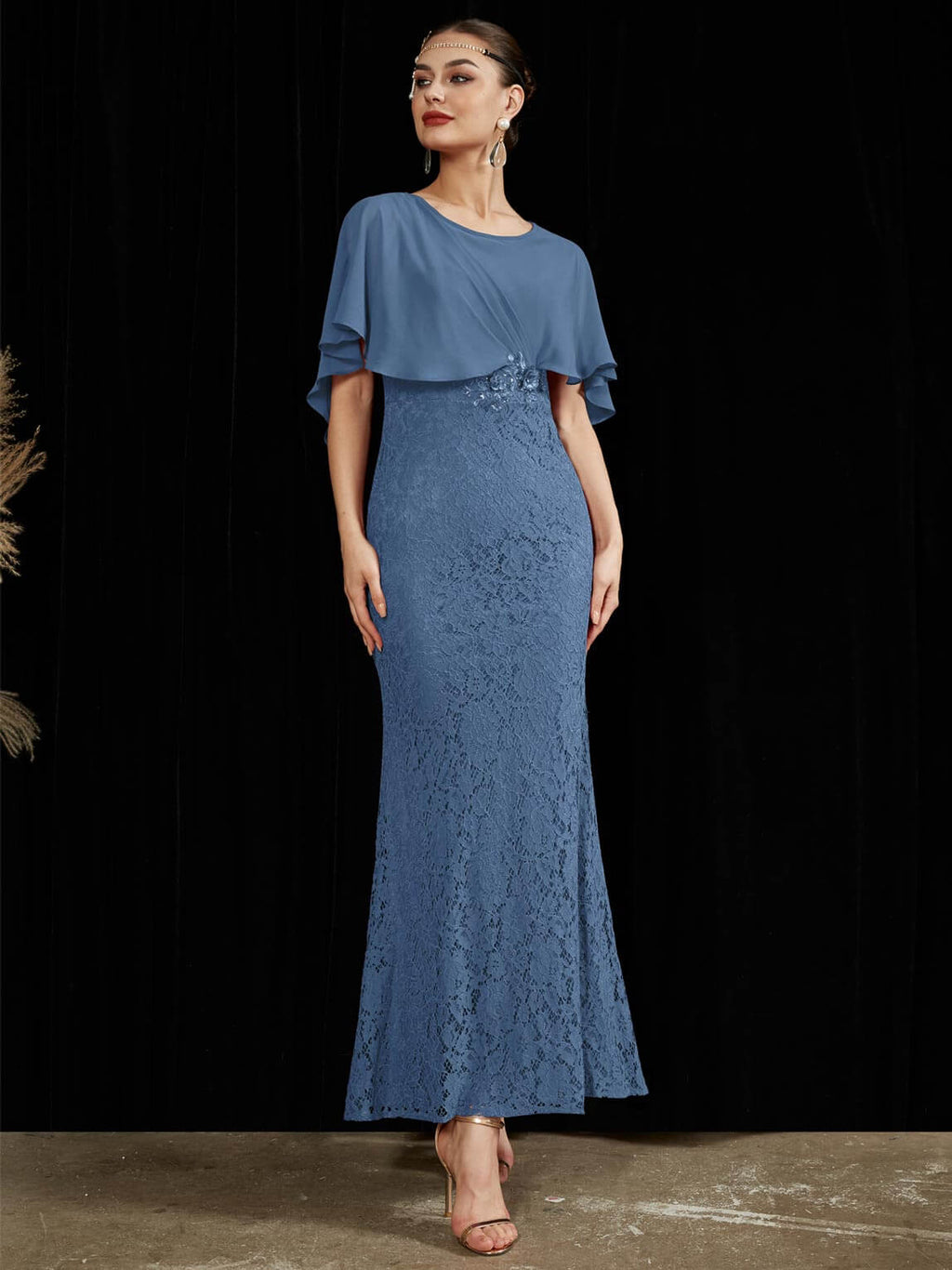 NZ Bridal Slate Blue Chiffon Lace Maxi bridesmaid dresses 0142AEM Molly a