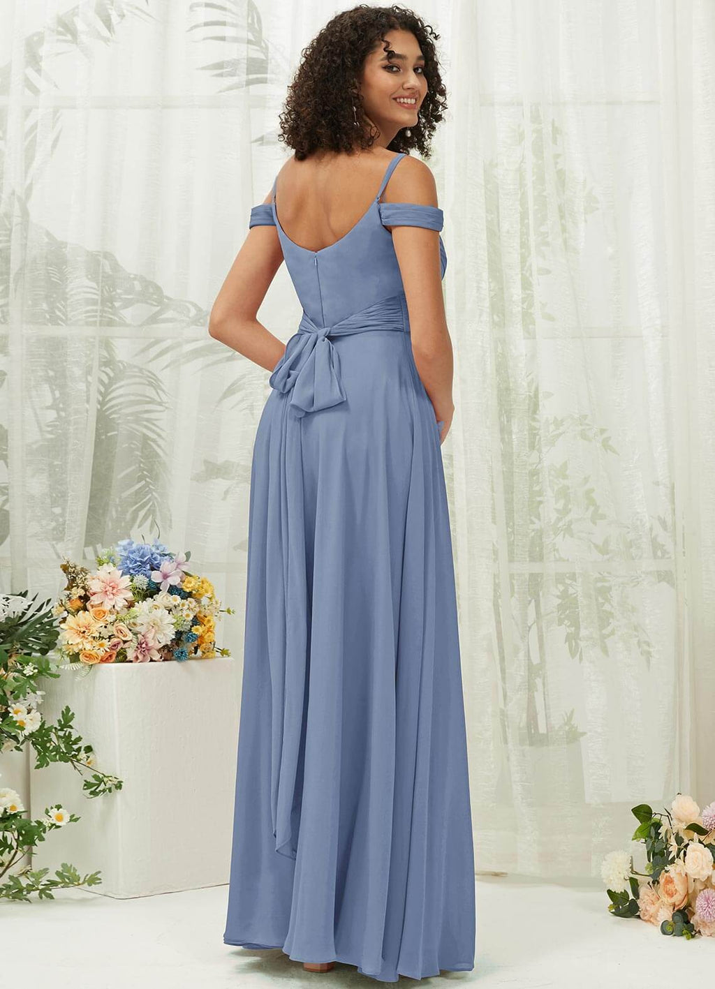 NZ Bridal Slate Blue Convertible Chiffon A Line Maxi Bridesmaid Dress with Pocket TC30219 Celia a