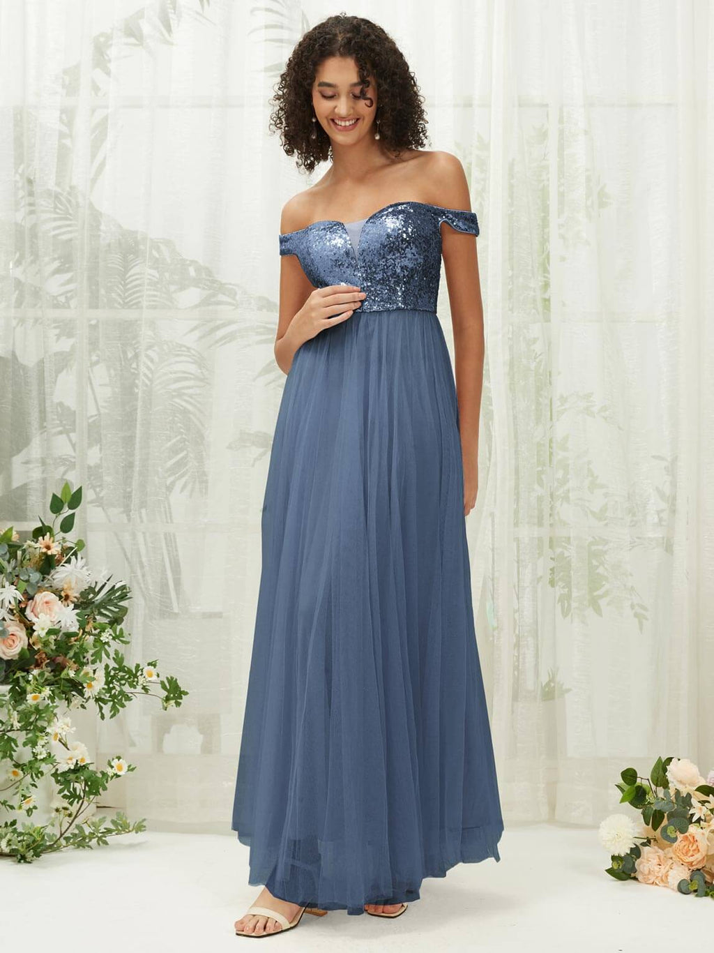 NZ Bridal Slate Blue Sequin Tulle Off Shoulder Sheer V Neck Flowy Prom Dress 00277ee Esther a