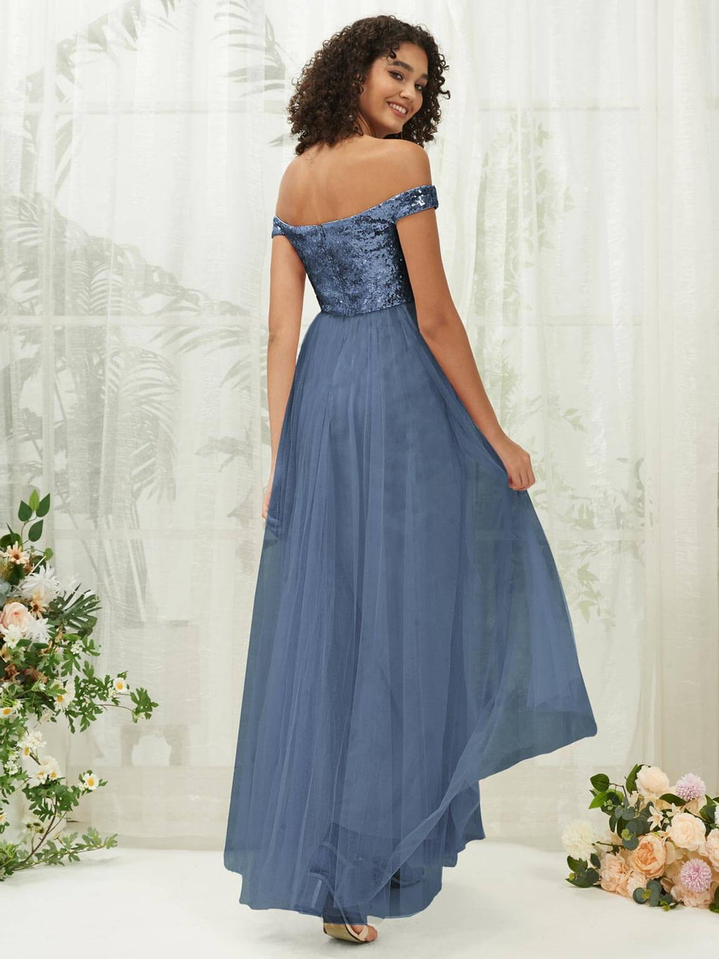 NZ Bridal Slate Blue Sequin Tulle Off Shoulder Sheer V Neck Flowy Prom Dress 00277ee Esther a