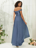 NZ Bridal Slate Blue Sequin Tulle Off Shoulder Sheer V Neck Flowy Prom Dress 00277ee Esther b