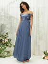 NZ Bridal Slate Blue Sequin Tulle Off Shoulder Sheer V Neck Flowy Prom Dress 00277ee Esther c