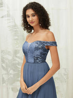 NZ Bridal Slate Blue Sequin Tulle Off Shoulder Sheer V Neck Flowy Prom Dress 00277ee Esther d
