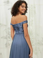 NZ Bridal Slate Blue Sequin Tulle Off Shoulder Sheer V Neck Flowy Prom Dress 00277ee Esther detail1