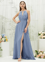 NZ Bridal Slate Blue Sleeveless Chiffon Flowy Slit Bridesmaid Dress AZ31001 Evalleen a