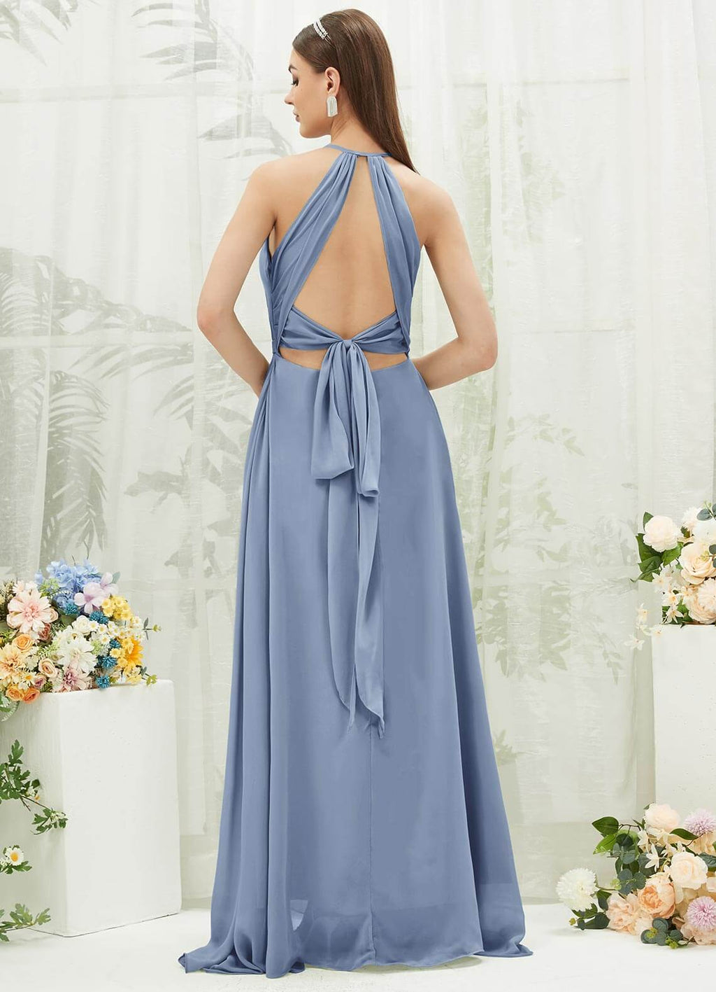 NZ Bridal Slate Blue Sleeveless Chiffon Flowy Slit Bridesmaid Dress AZ31001 Evalleen a
