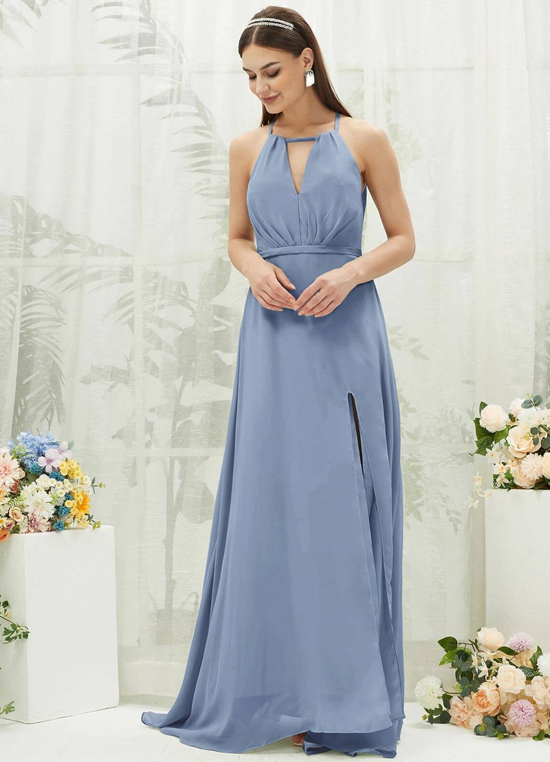 NZ Bridal Slate Blue Sleeveless Chiffon Flowy Slit Bridesmaid Dress AZ31001 Evalleen c
