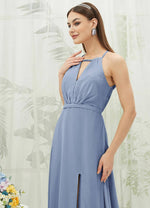 NZ Bridal Slate Blue Sleeveless Chiffon Flowy Slit Bridesmaid Dress AZ31001 Evalleen d