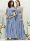 Slate Blue Chiffon Halter V-Neck Slit  Backless Maxi Bridesmaid Dress
