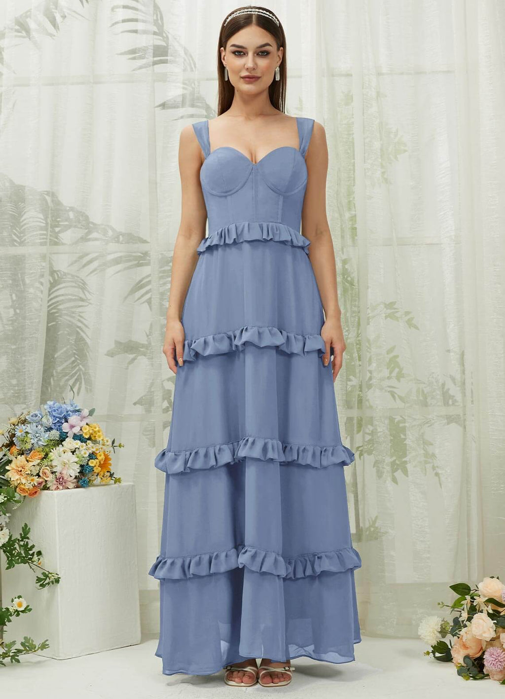NZ Bridal Slate Blue Straps Sweetheart Chiffon Bridesmaid Dress R3701 Sloane a