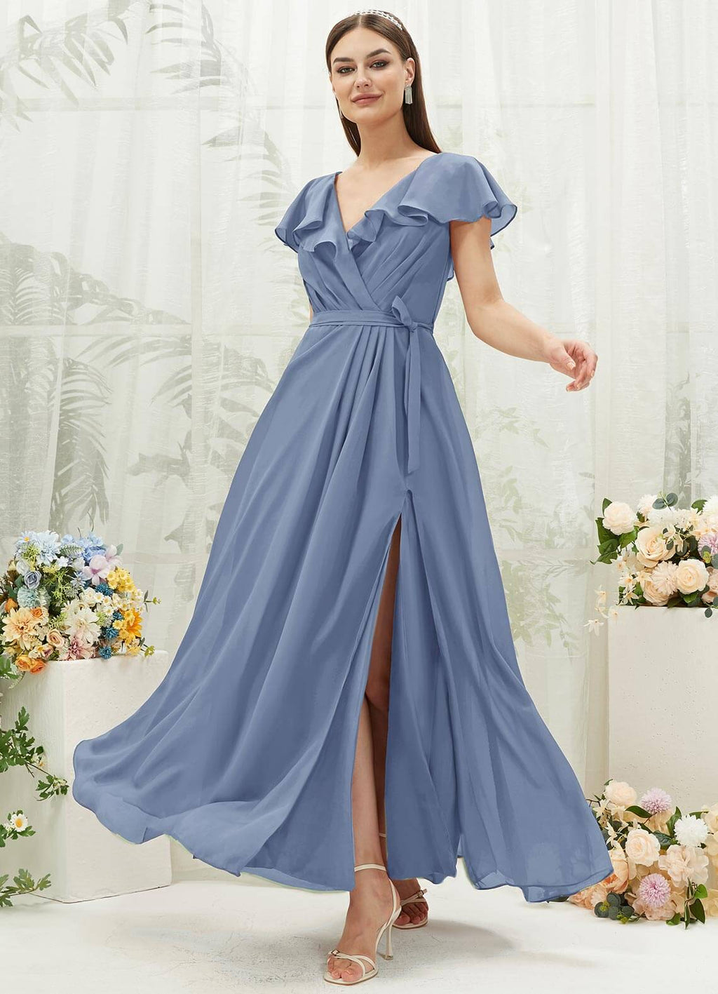 NZ Bridal Slate Blue Wrap Chiffon Flowy Bridesmaid Dress with Slit AZ31002 Jael a