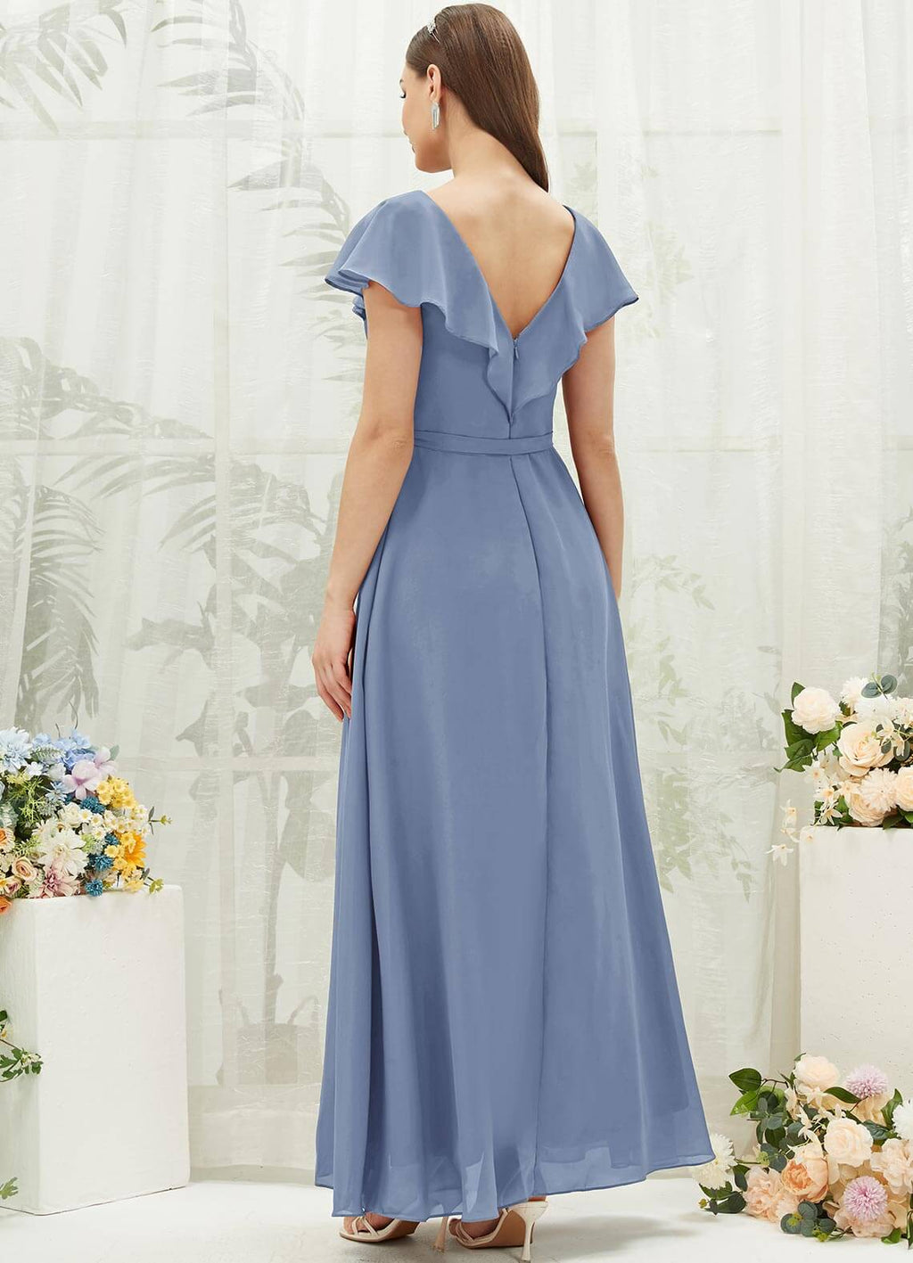 NZ Bridal Slate Blue Wrap Chiffon Flowy Bridesmaid Dress with Slit AZ31002 Jael a