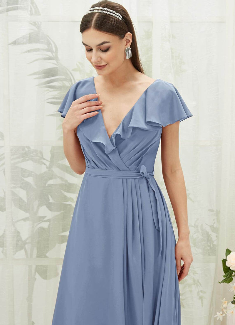 NZ Bridal Slate Blue Wrap Chiffon Flowy Bridesmaid Dress with Slit AZ31002 Jael c