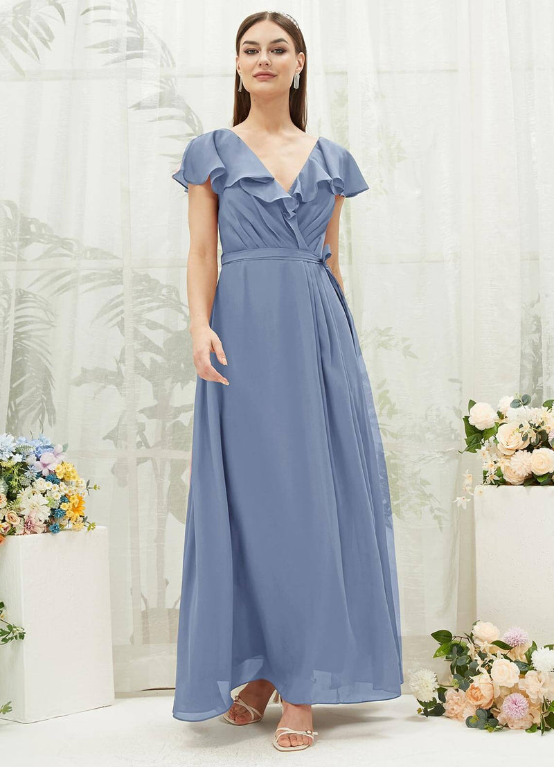 Slate Blue Chiffon Ruffle Sleeve V-Neck Slit Maxi Bridesmaid Dress NZ Bridal Slate Blue Chiffon Ruffle Sleeve V-Neck Slit Maxi Bridesmaid Dress NZ Bridal