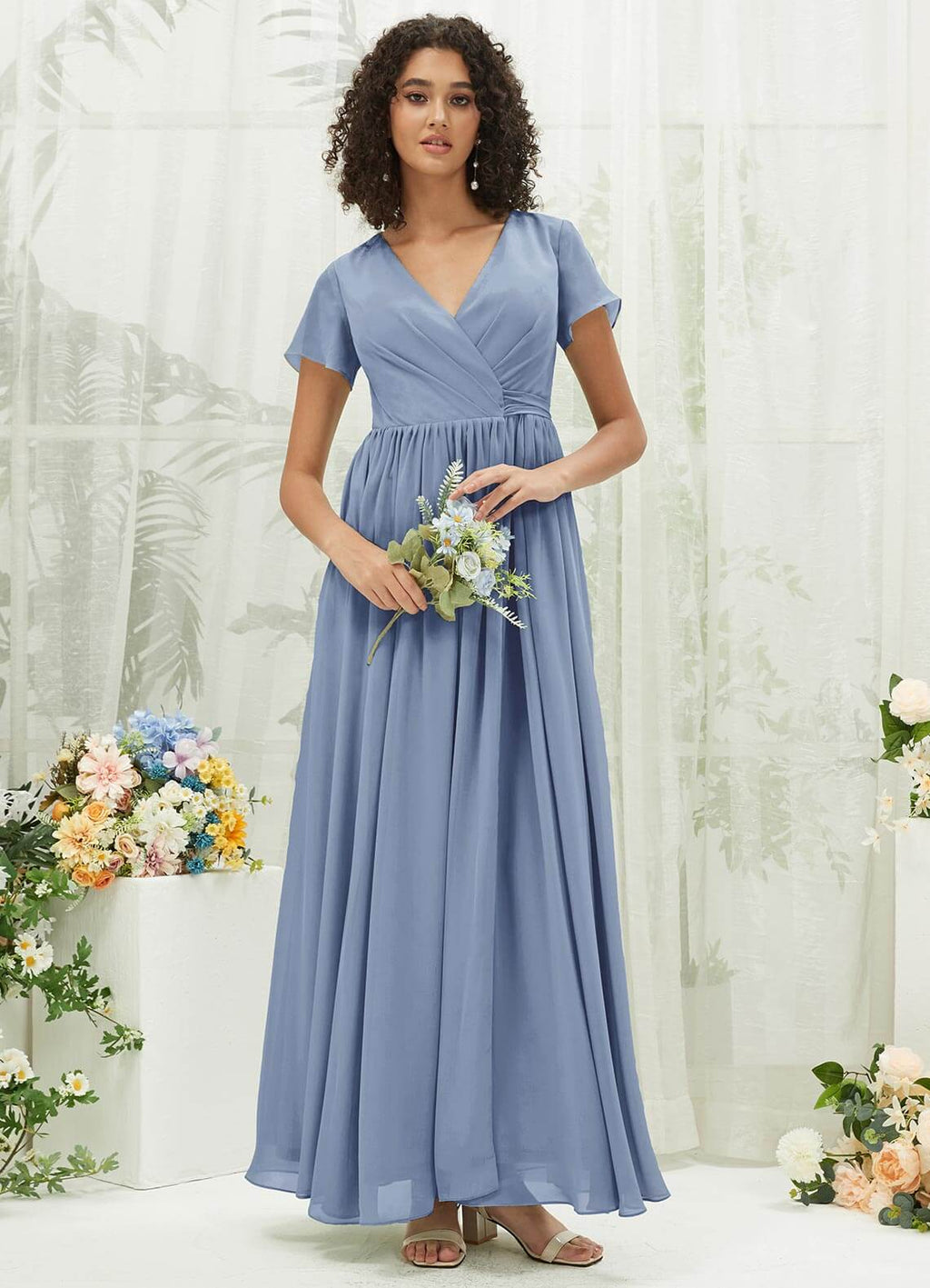 NZ Bridal Slate Blue Wrap Chiffon V Neck Bridesmaid Dress R0107 Harow a