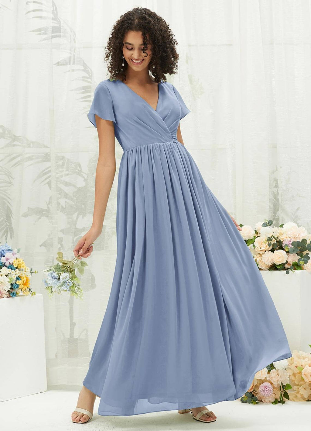 NZ Bridal Slate Blue Wrap Chiffon V Neck Bridesmaid Dress R0107 Harow a
