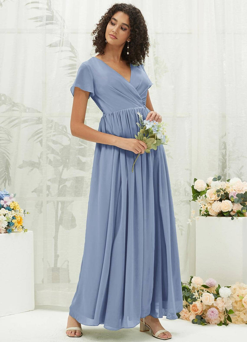 NZ Bridal Slate Blue Wrap Chiffon V Neck Bridesmaid Dress R0107 Harow d