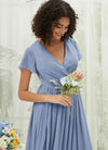 NZ Bridal Slate Blue Wrap Chiffon V Neck Bridesmaid Dress R0107 Harow detail1